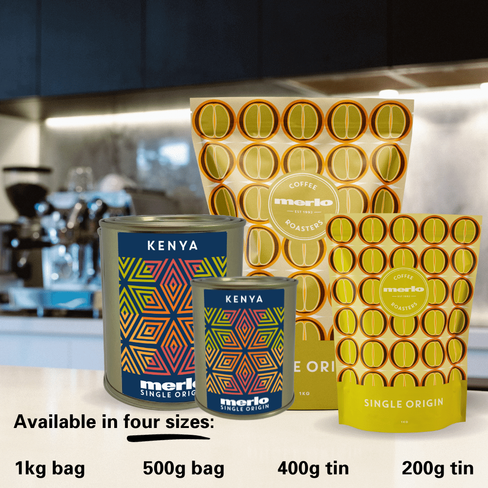 Kenya Single Origin Merlo Coffee available in four sizes of tins and bags