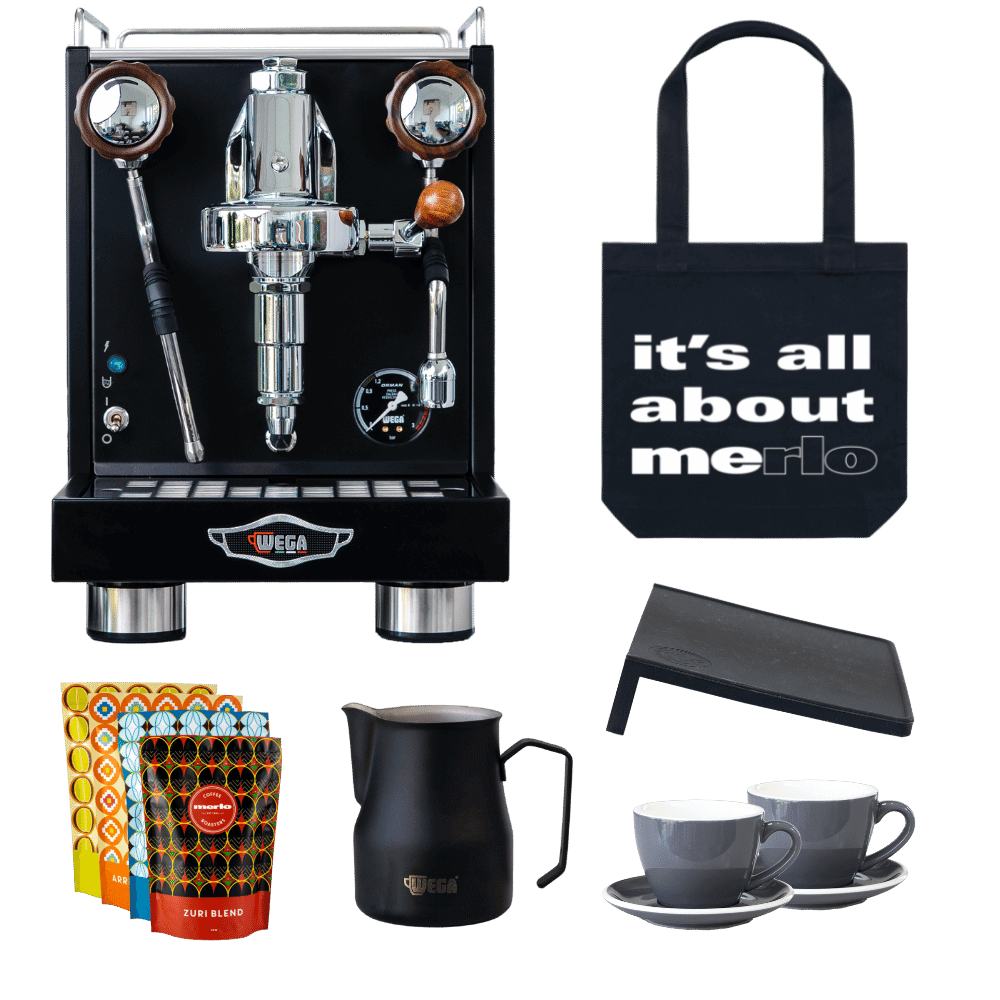 Wega W Mini Bundle Merlo Coffee matte black machine, tote bag, merlo coffee sample pack, wega milk jug, Rhino tamp mat, ACF cups