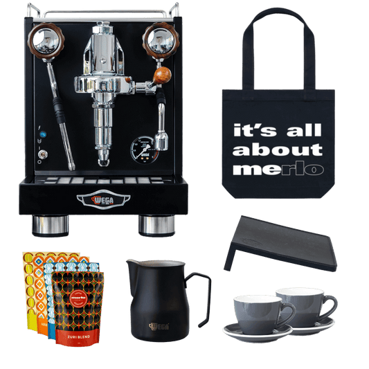 Wega W Mini Bundle Merlo Coffee matte black machine, tote bag, merlo coffee sample pack, wega milk jug, Rhino tamp mat, ACF cups