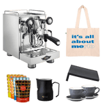 Wega W Mini Bundle Merlo Coffee Silver machine, tote bag, merlo coffee sample pack, wega milk jug, Rhino tamp mat, ACF cups
