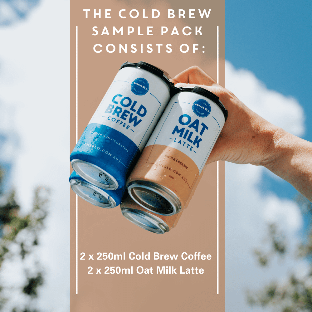 merlo coffee cold brew sample pack consists of cold brew coffee cans and oat milk latte cans