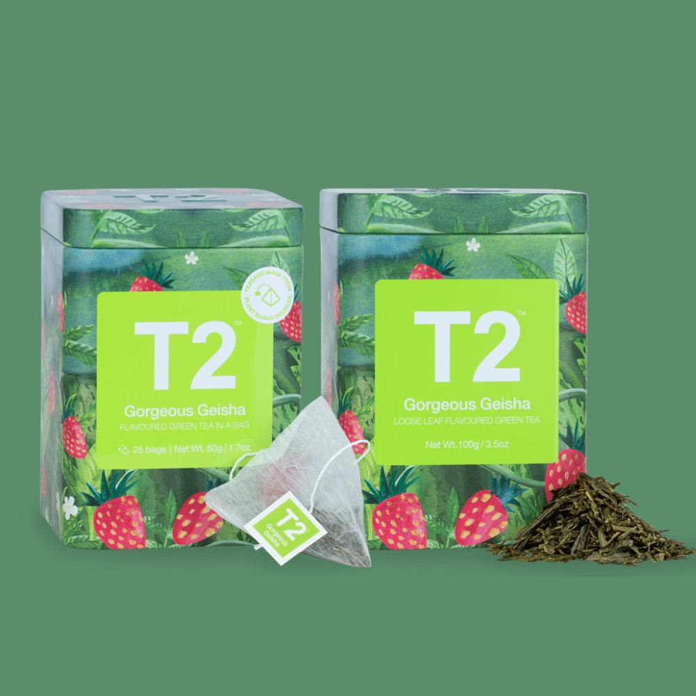 t2 green tea leaf and tea bags in tins together